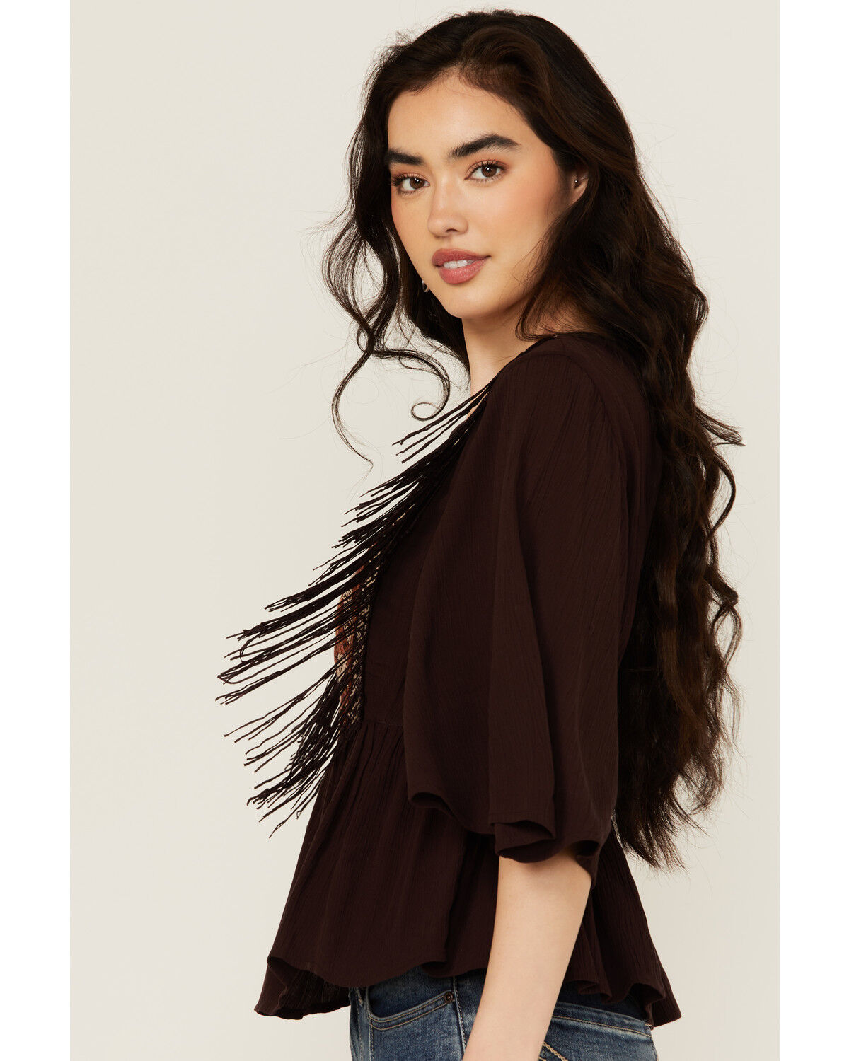 Image #2 - Shyanne Women's Embroidered Fringe Short Sleeve Shirt, Chocolate, hi-res