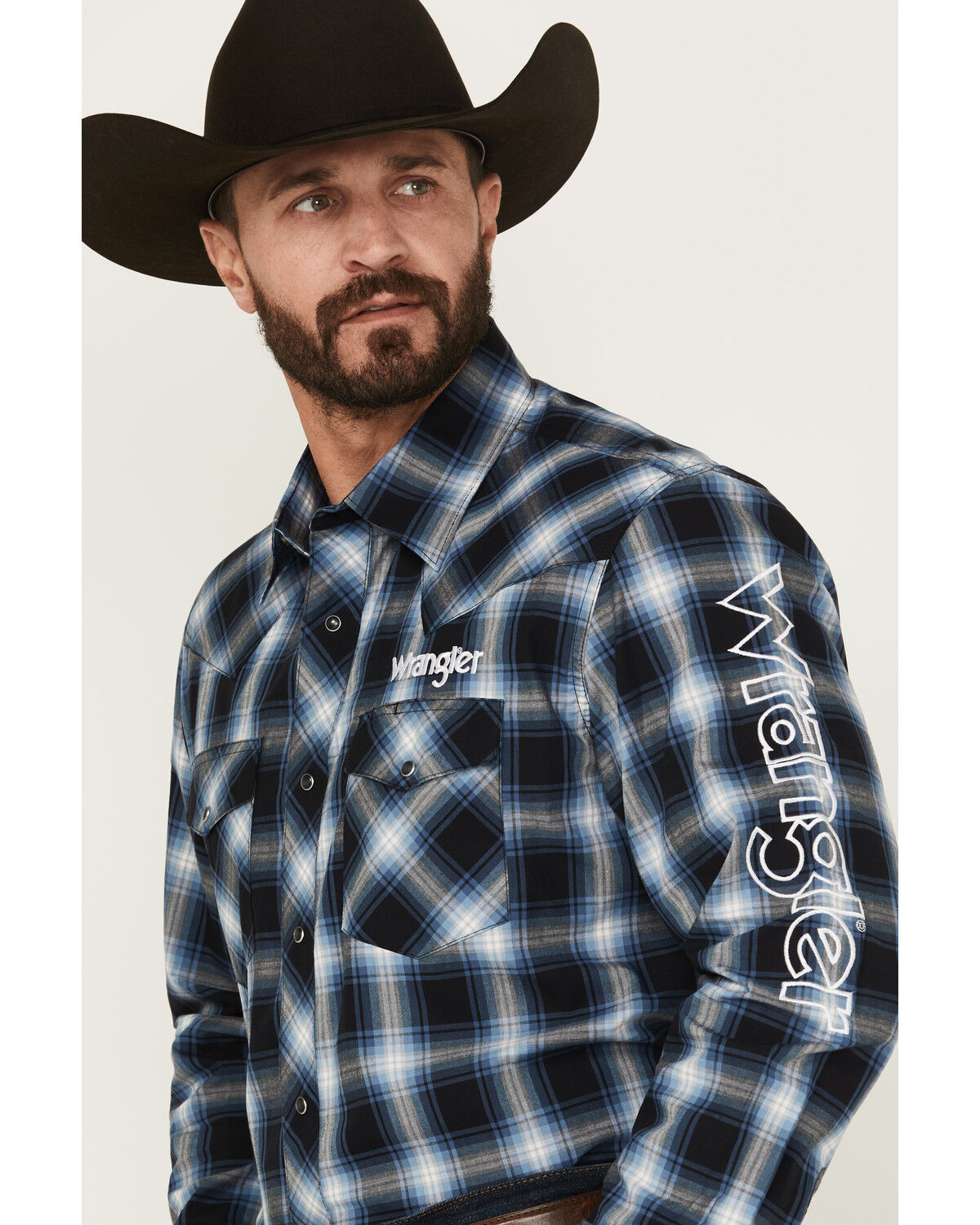 Image #2 - Wrangler Men's Embroidered Plaid Print Long Sleeve Snap Western Shirt, Black, hi-res