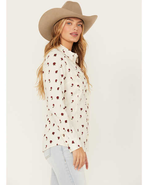 Wrangler Retro Women's Rose Print Long Sleeve Western Flannel Shirt , White, hi-res