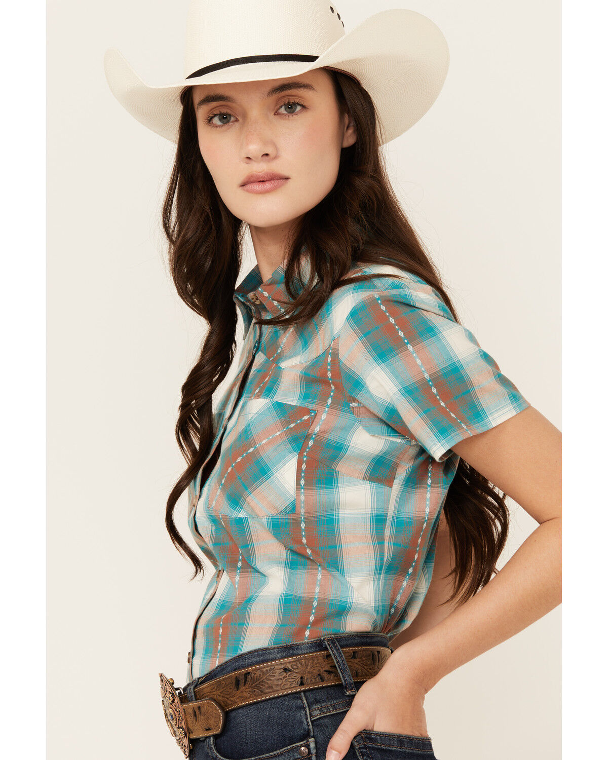 Image #2 - Shyanne Women's Plaid Print Short Sleeve Button-Down Stretch Western Shirt, Caramel, hi-res