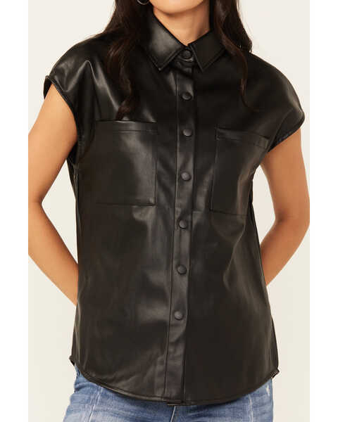 Image #3 - Revel Women's Faux Leather Button-Down Cap Sleeve Top , Black, hi-res
