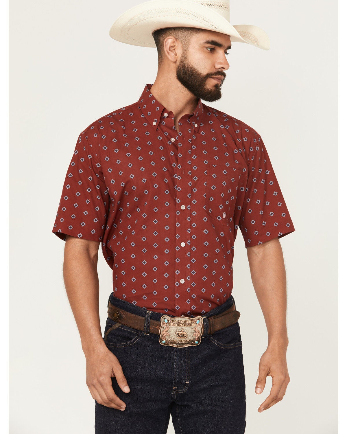 Roper Men's Amarillo Geo Print Short Sleeve Button-Down Western Shirt, Red, hi-res