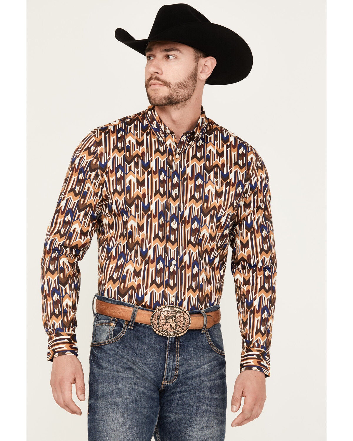 RANK 45&reg; Men's Lockwood Geo Striped Print Long Sleeve Button-Down Stretch Western Shirt, Lt Brown, hi-res