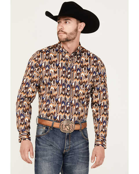 Image #1 - RANK 45® Men's Lockwood Geo Striped Print Long Sleeve Button-Down Stretch Western Shirt, Lt Brown, hi-res