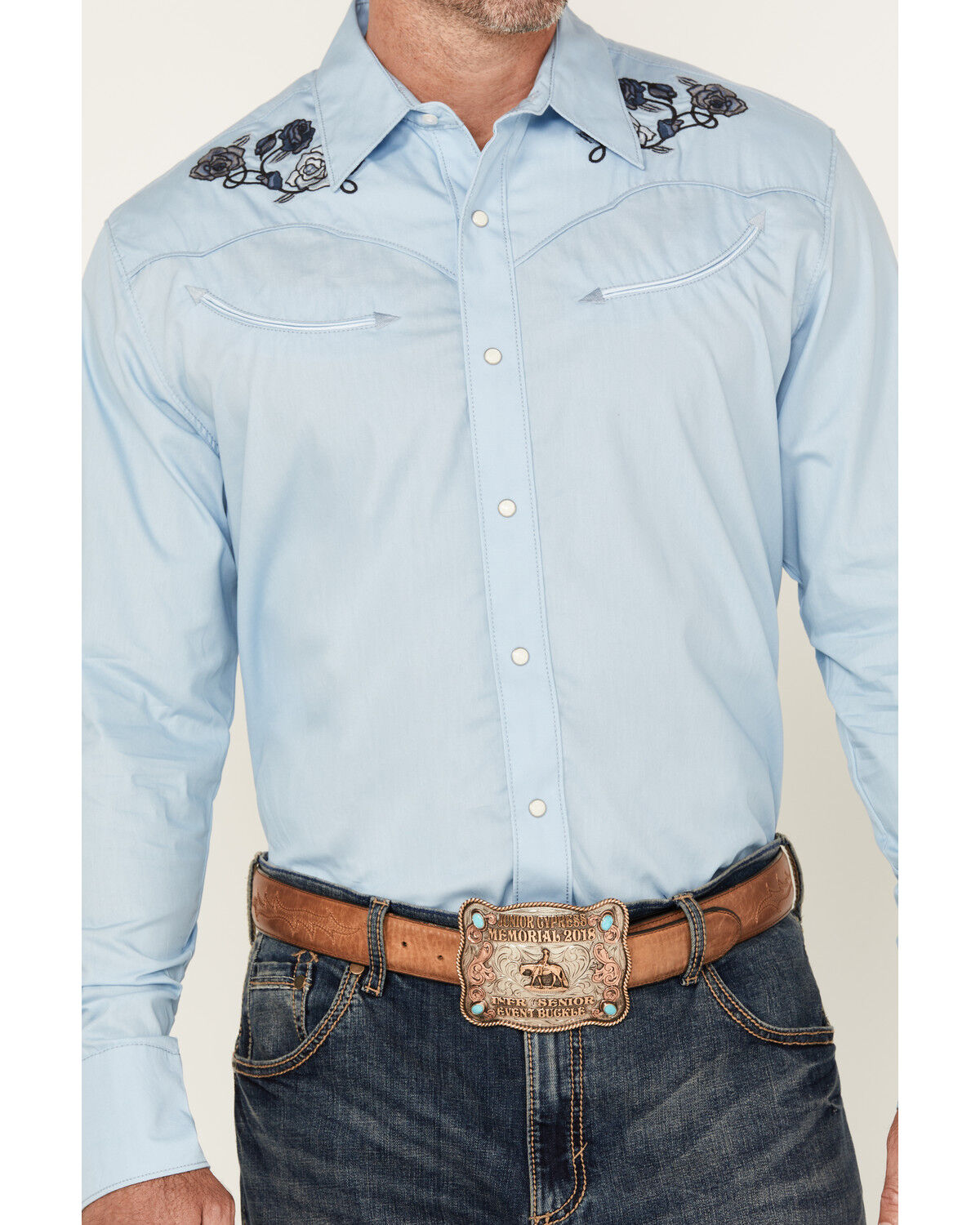 Image #3 - Wrangler Men's Floral Embroidered Long Sleeve Snap Western Shirt, Light Blue, hi-res