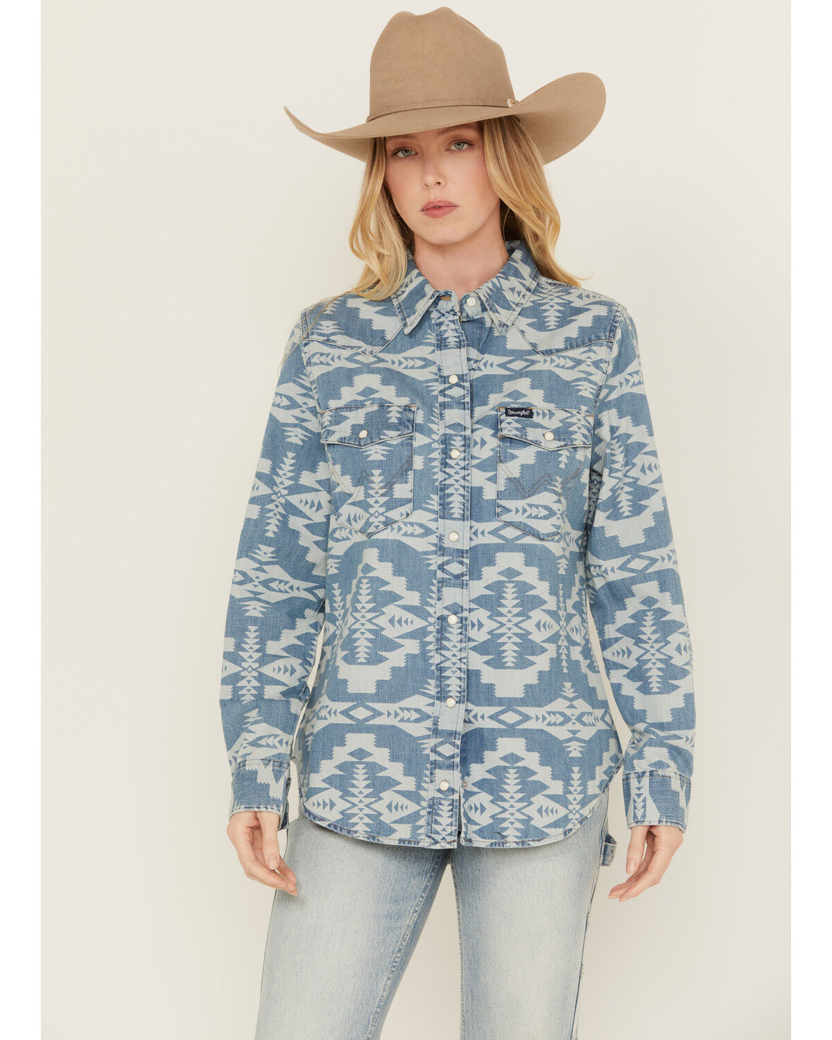 Image #2 - Wrangler Retro Women's Southwestern Print Long Sleeve Pearl Snap Denim Western Shirt, Blue, hi-res