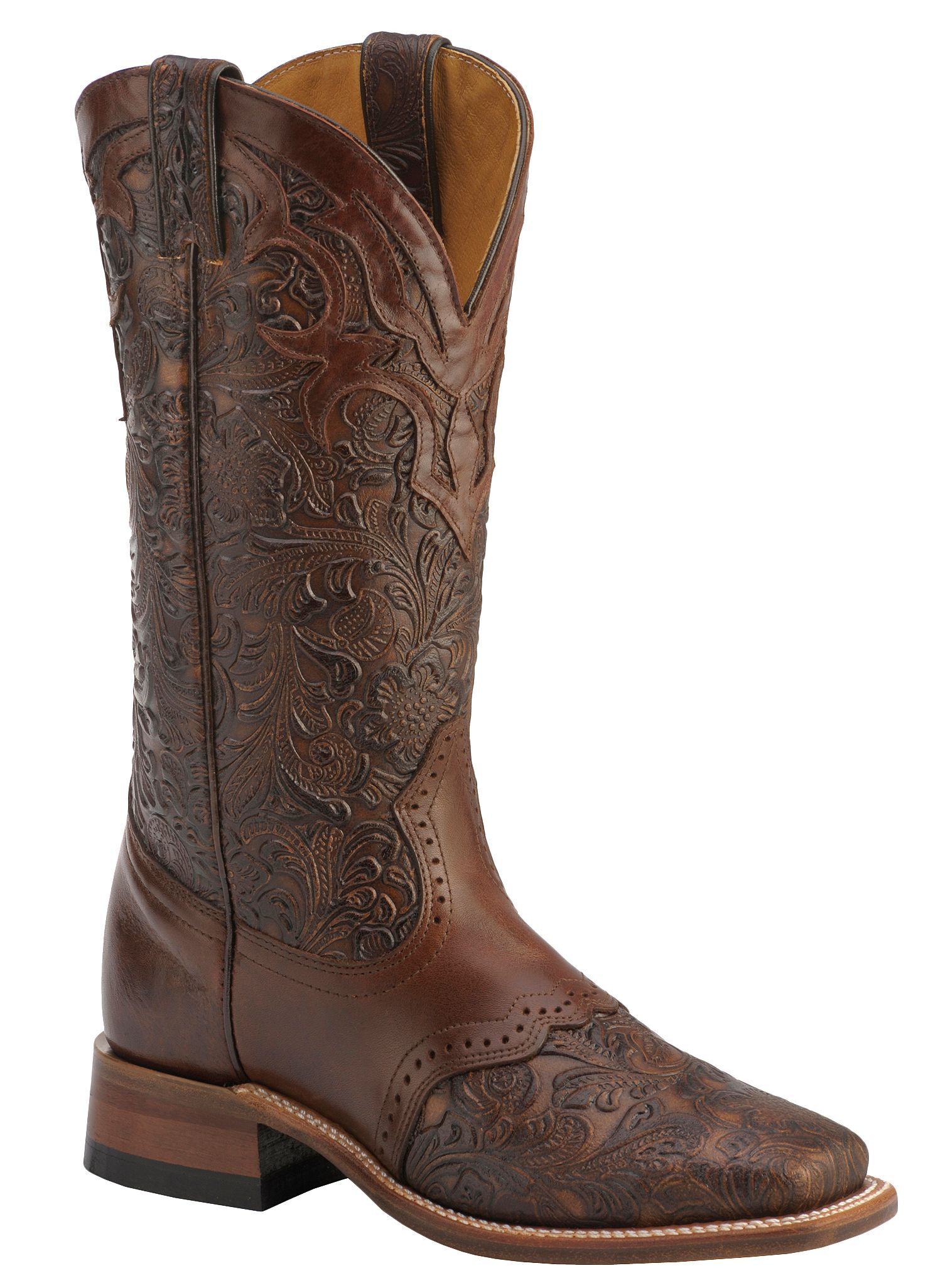 Boulet Women's Hand Tooled Ranger Western Boots - Square Toe, Chestnut, hi-res