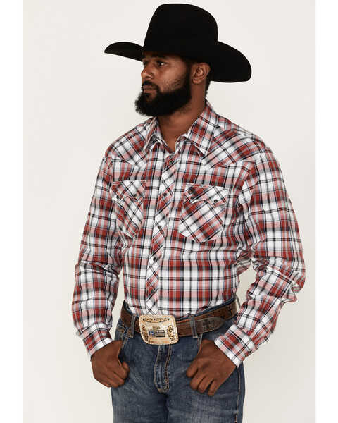 Image #1 - Wrangler Retro Men's Plaid Print Long Sleeve Snap Western Shirt, Red, hi-res