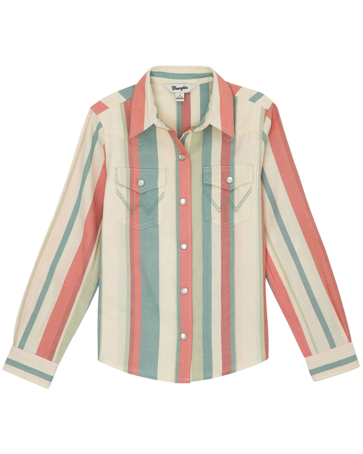 Image #1 - Wrangler Girls' Striped Print Long Sleeve Snap Western Shirt, Coral, hi-res