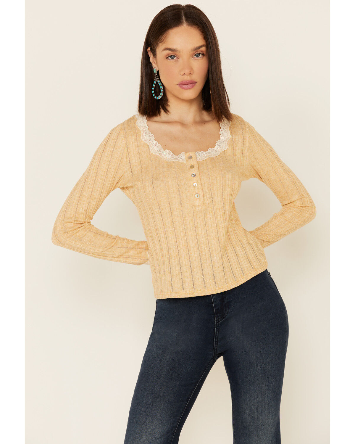 Image #1 - Wild Moss Women's Ribbed Knit Henley Lace Long Sleeve Top, Yellow, hi-res