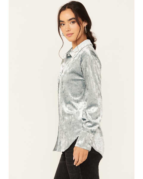 Image #2 - Mystree Women's Velour Long Sleeve Button Down Top, Blue, hi-res