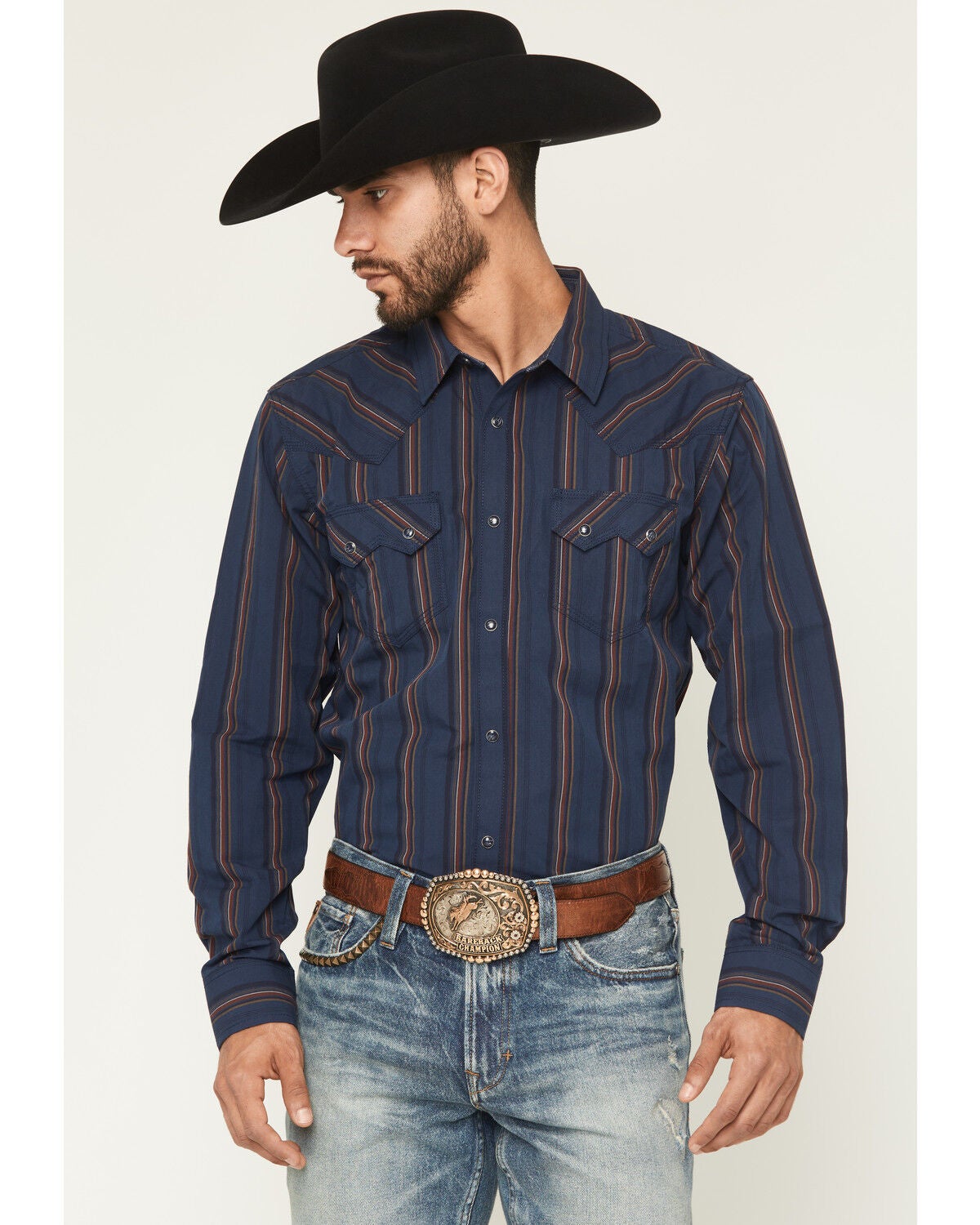 Image #1 - Moonshine Spirit&reg; Men's Riff Stripe Print Long Sleeve Snap Western Shirt, Navy, hi-res
