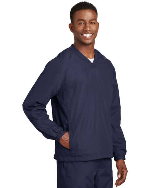 Sport-Tek Men's V-Neck Raglan Wind Work Shirt Jacket , Navy, hi-res
