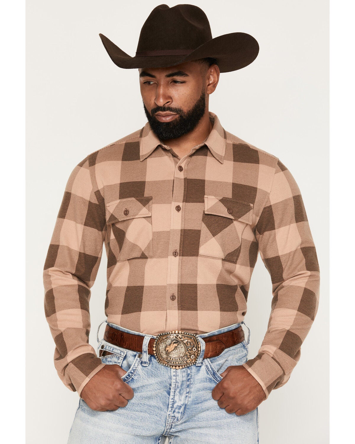 Image #1 - Cody James Men's Range Rider Plaid Print Long Sleeve Button-Down Shirt, Tan, hi-res