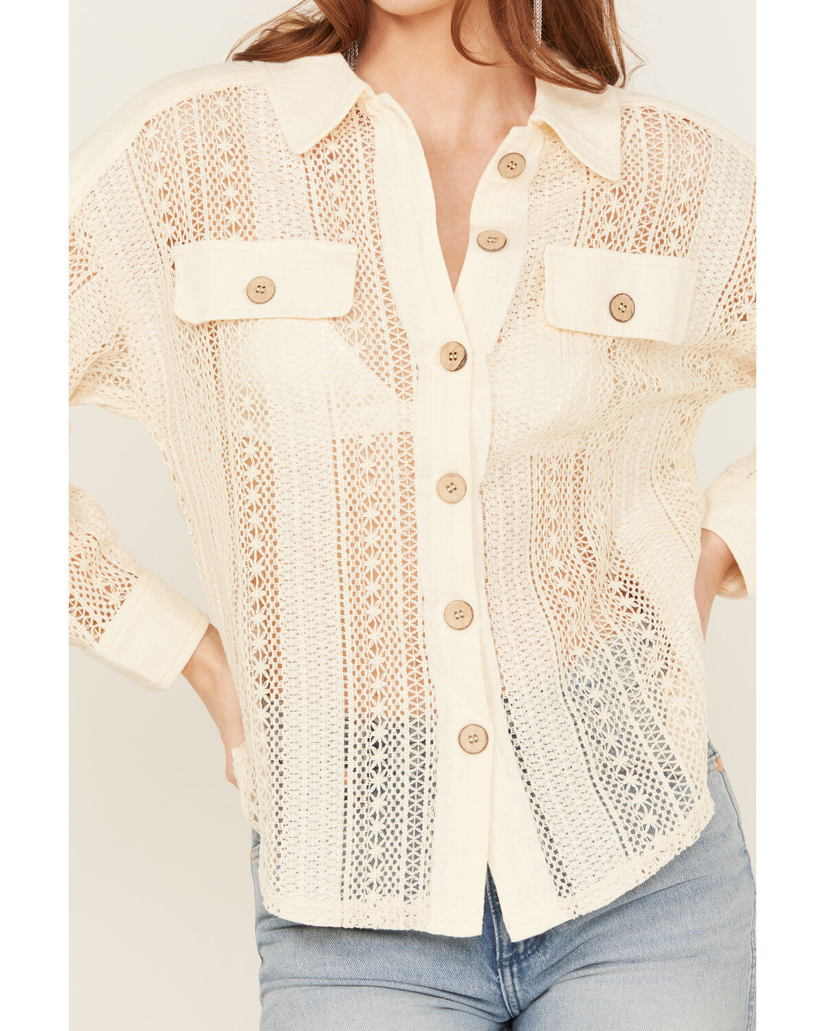 Image #3 - Very J Women's Crochet Button-Down Shirt, , hi-res