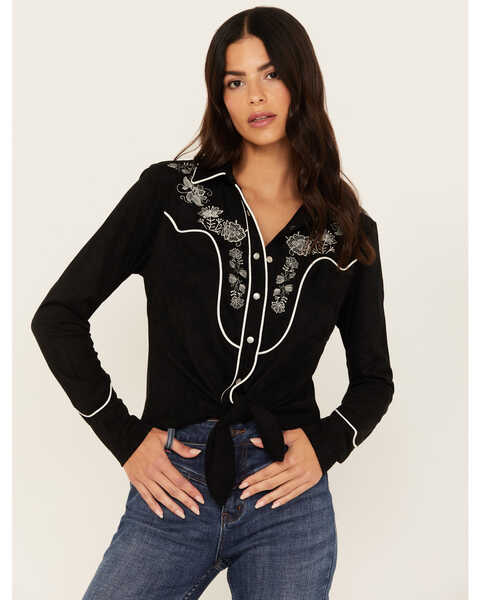 Image #2 - Idyllwind Women's Douglas Embroidered Western Knit Top , Black, hi-res