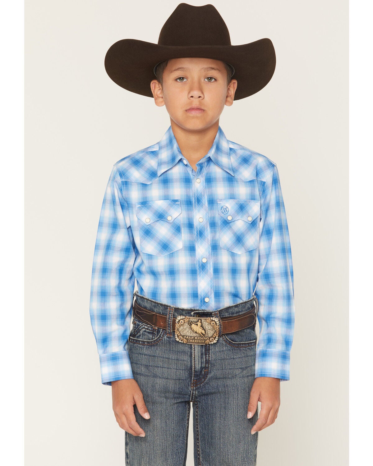 Wrangler Retro Boys' Plaid Print Long Sleeve Snap Western Shirt, Blue, hi-res