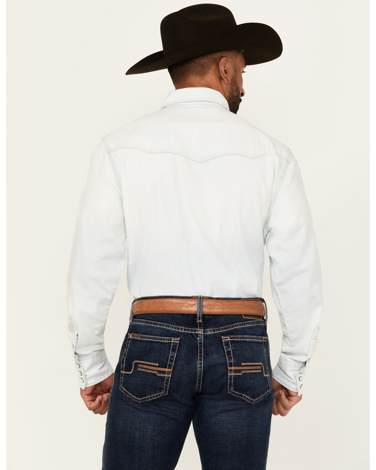 Image #4 - Wrangler Men's Light Wash Vintage Solid Long Sleeve Snap Western Shirt, Light Wash, hi-res