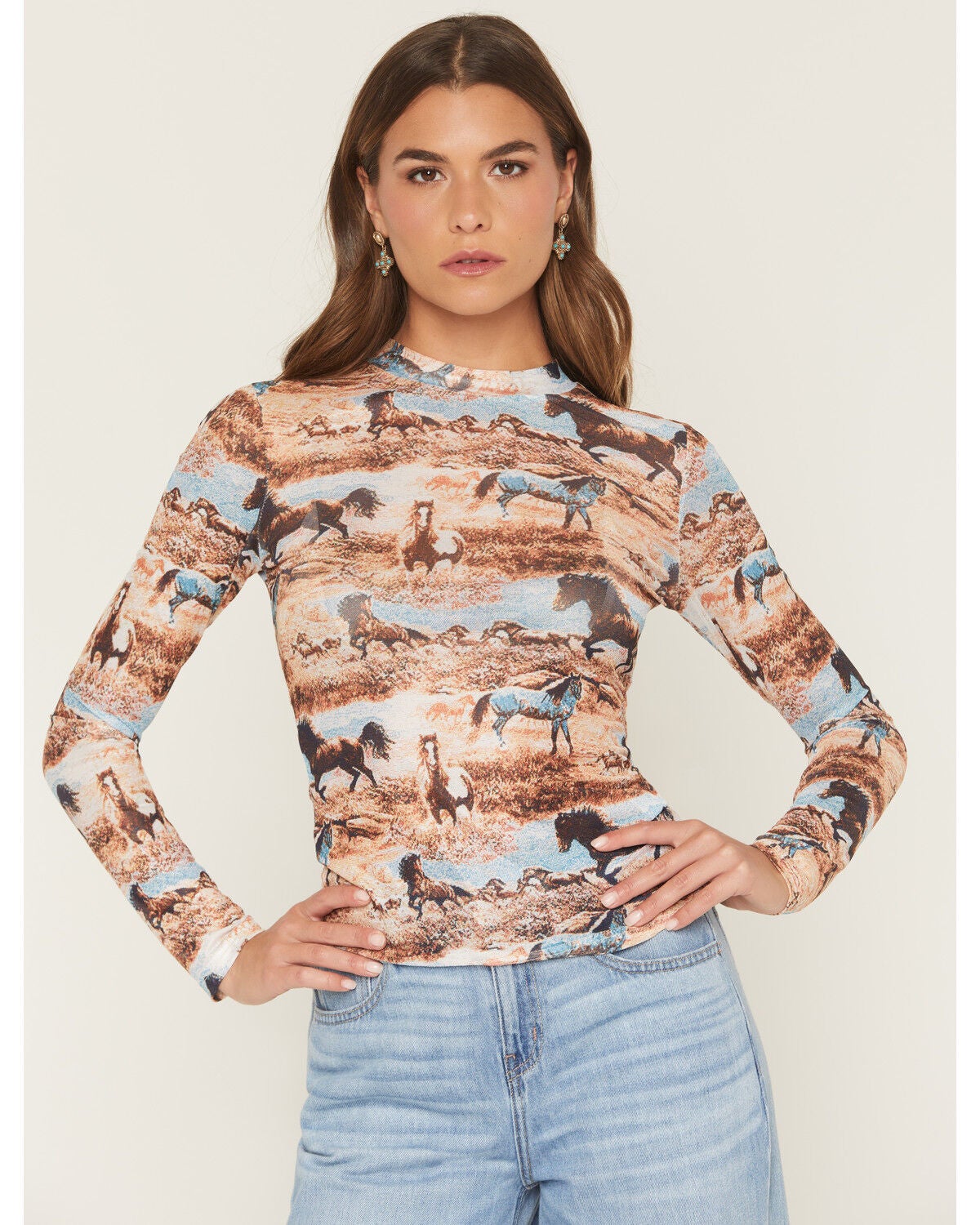 Image #1 - Blue B Women's Horse Print Mesh Long Sleeve Shirt, Multi, hi-res