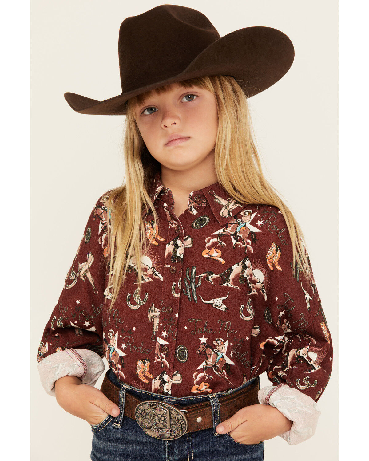 Image #2 - Rock & Roll Denim Girls' Conversational Print Long Sleeve Button-Down Western Shirt, Rust Copper, hi-res