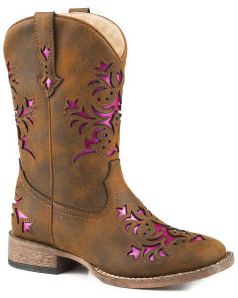 Image #1 - Roper Girls' Lola Metallic Underlay Western Boots - Square Toe, Brown, hi-res