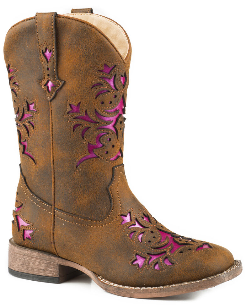 Roper Girls' Lola Brown Metallic Underlay Cowgirl Boots - Square Toe, Brown, hi-res