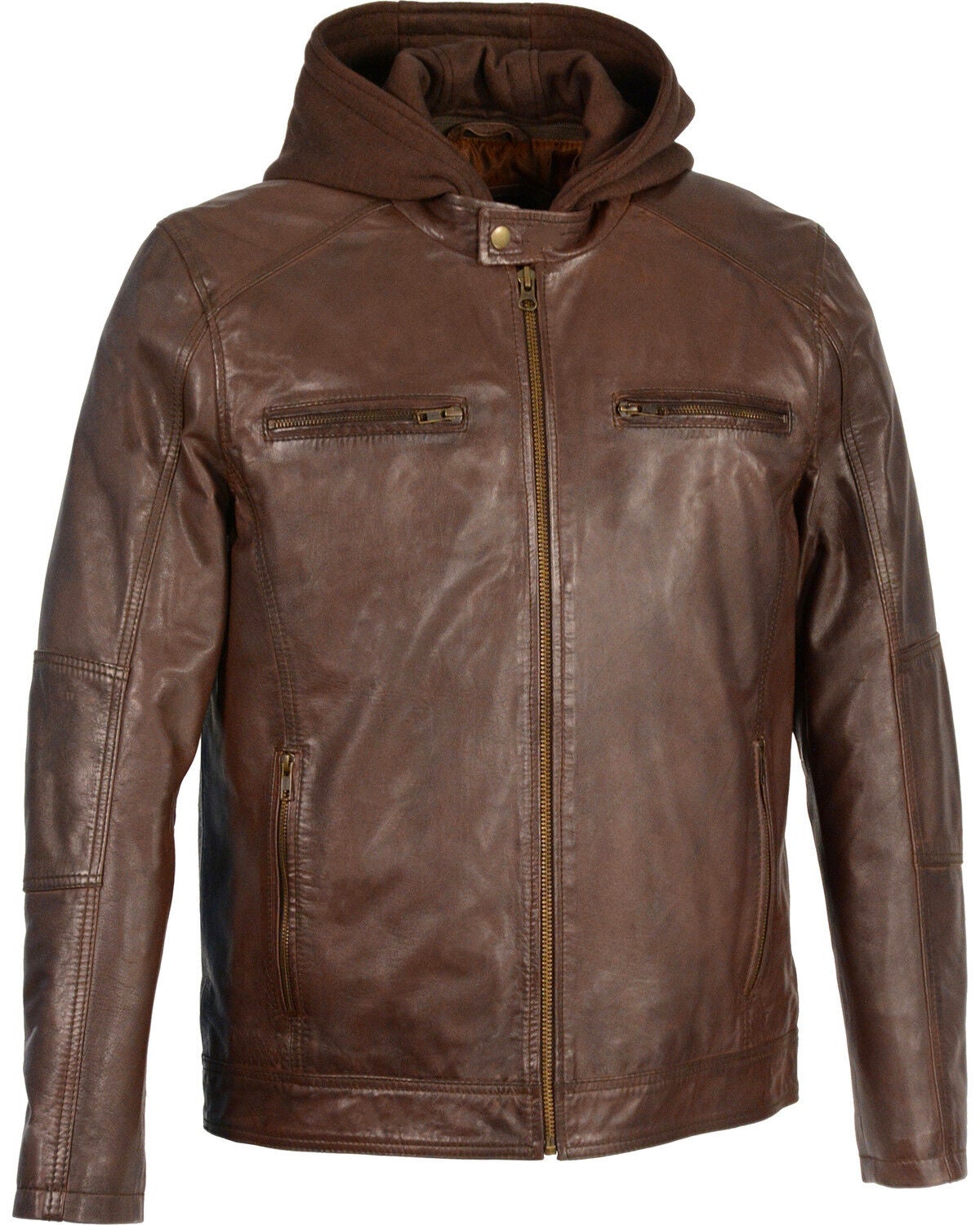 Milwaukee Leather Men's Snap Collar Leather Moto Jacket with Removable Hood, Brown, hi-res