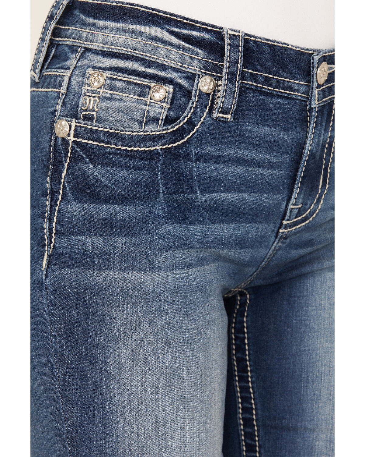 Image #4 - Miss Me Women's Dark Wash Mid Rise Faux Flap Pocket Bootcut Stretch Denim Jeans, Dark Wash, hi-res