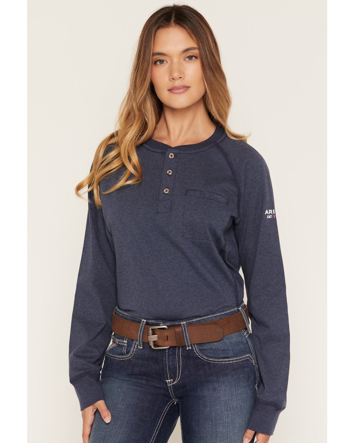 Image #1 - Ariat Women's FR Air Henley Long Sleeve Work Shirt, Navy, hi-res