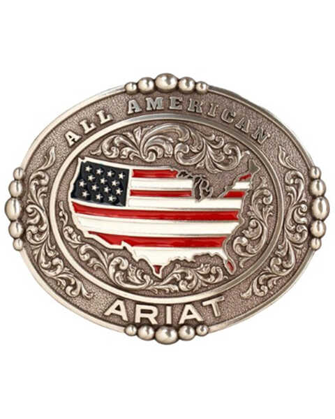 Ariat Men's All American Oval Belt Buckle, Silver, hi-res