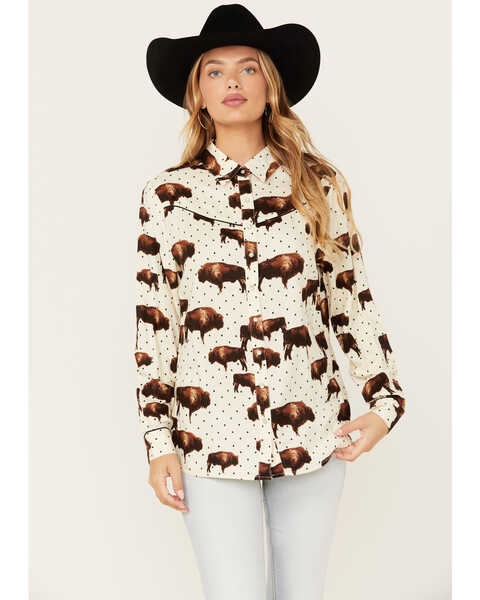 Cotton & Rye Women's Buffalo West Print Long Sleeve Pearl Snap Western Shirt , Cream, hi-res