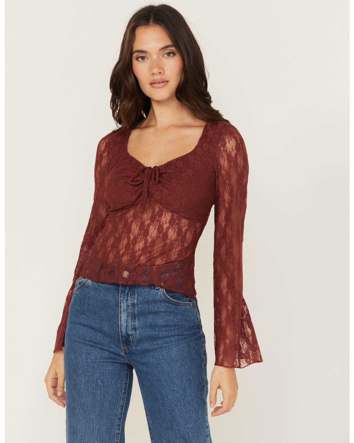 Image #1 - Trixxi Women's Solid Lace Long Bell Sleeve Shirt, Brown, hi-res