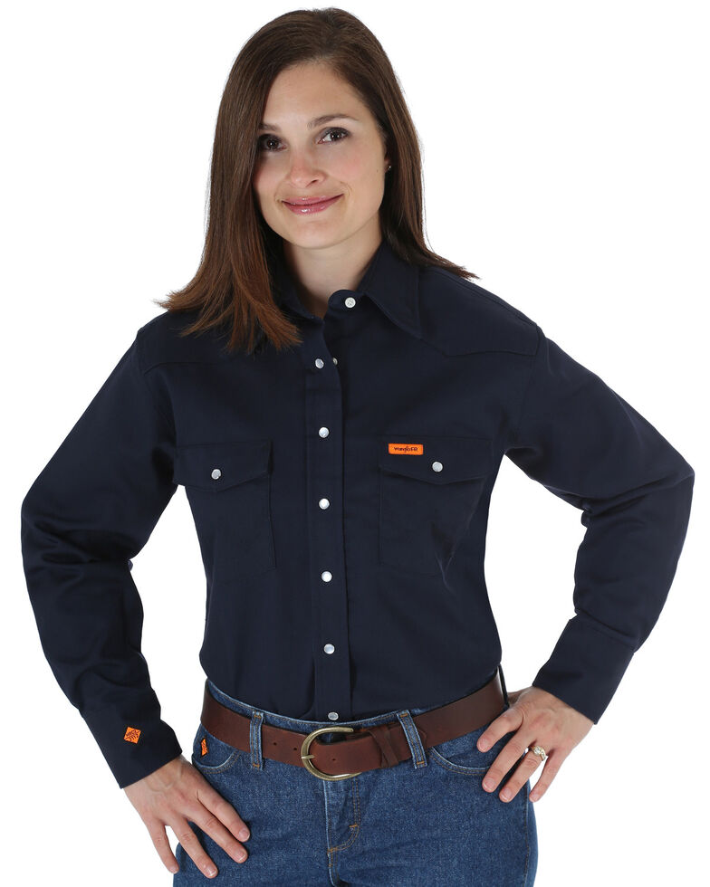 Wrangler Women's Lightweight Flame Resistant Long Sleeve Shirt, Navy, hi-res