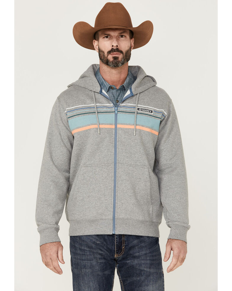HOOey Men's Chest Stripe Light Grey Zip-Front Hooded Sweatshirt , Light Grey, hi-res