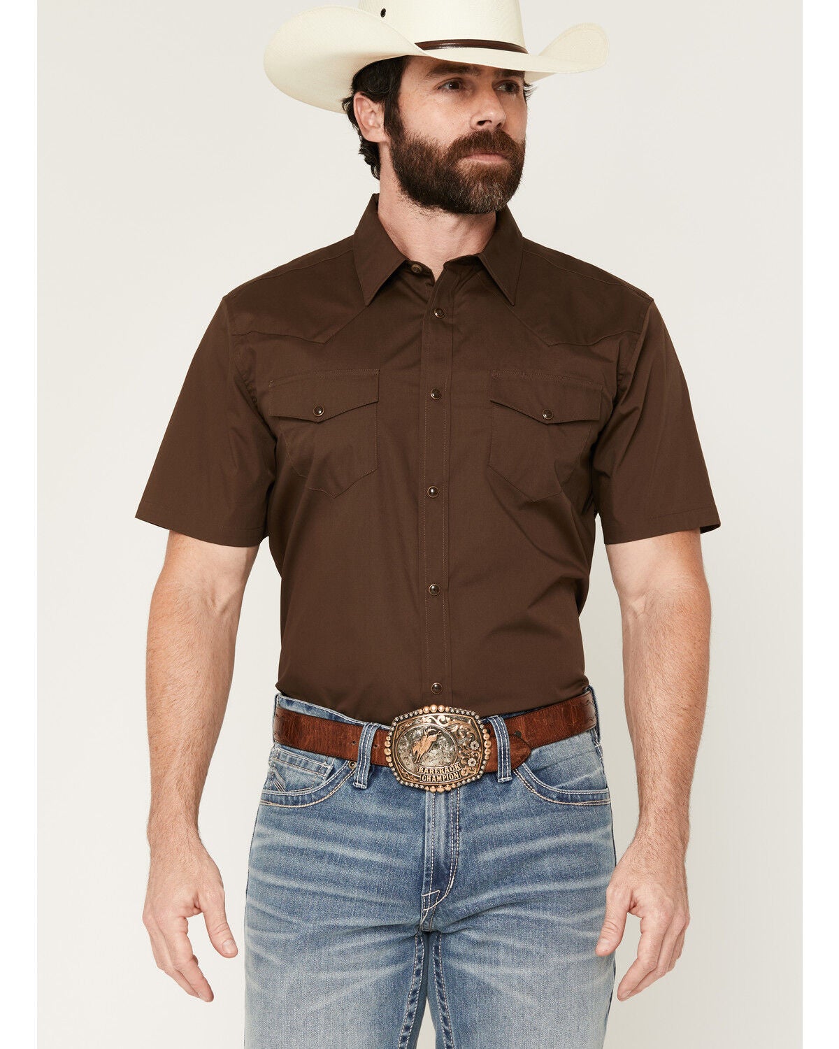 Gibson Trading Co Men's Solid Short Sleeve Snap Western Shirt, Dark Brown, hi-res