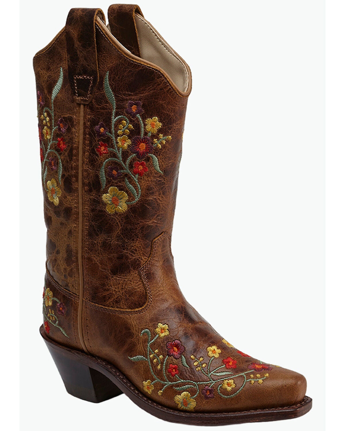 Old West Girls' Floral Western Boots - Snip Toe, Tan, hi-res