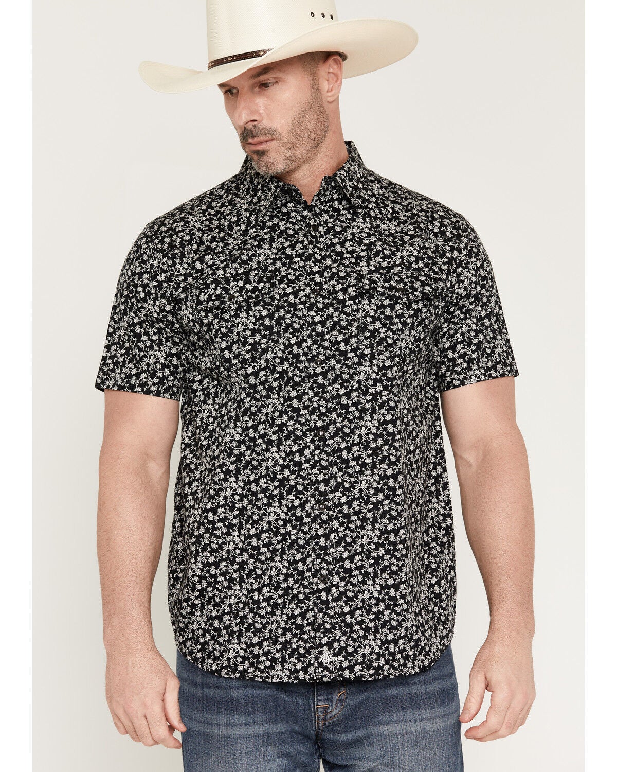 Image #1 - Moonshine Spirit&reg; Men's Midnight Bloom Floral Print Short Sleeve Snap Western Shirt, Black, hi-res