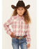 Ely Walker Girls' Plaid Print Long Sleeve Pearl Snap Flannel Shirt , Pink, hi-res