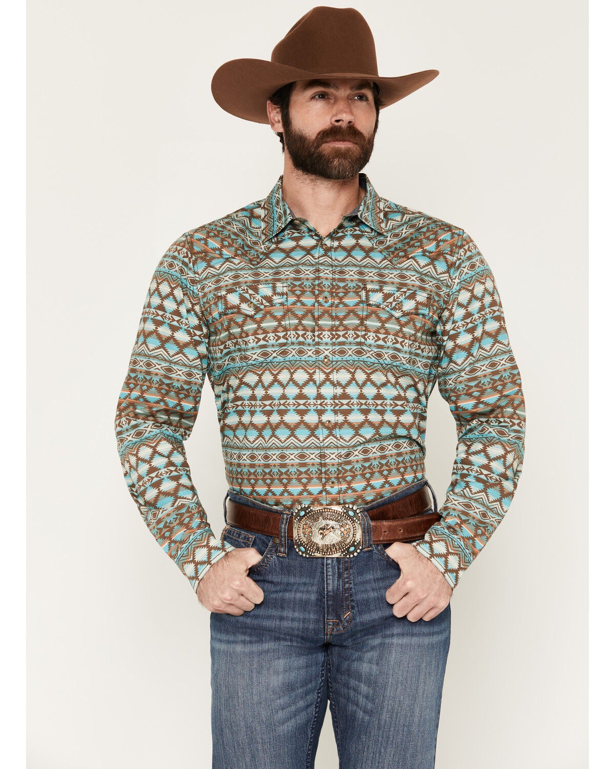 Image #1 - Cody James Men's Woodward Southwestern Long Sleeve Snap Western Shirt, Brown, hi-res