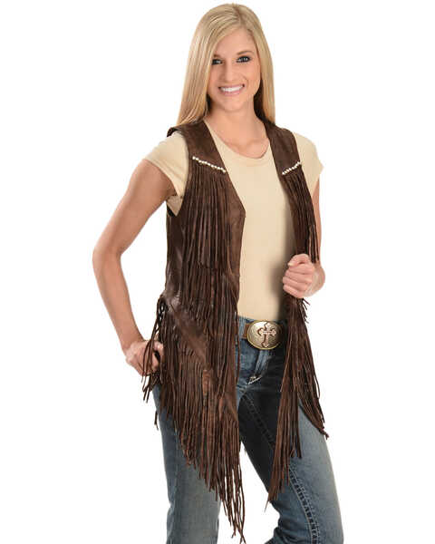 Kobler Leather Women's Yucaipa Fringe & Rhinestone Leather Vest, Brown, hi-res