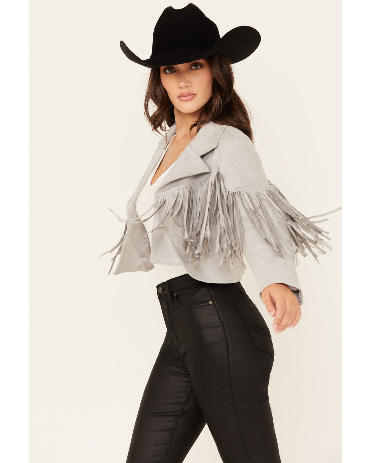Image #2 - Saints & Hearts Women's Faux Suede Fringe Jacket, Grey, hi-res