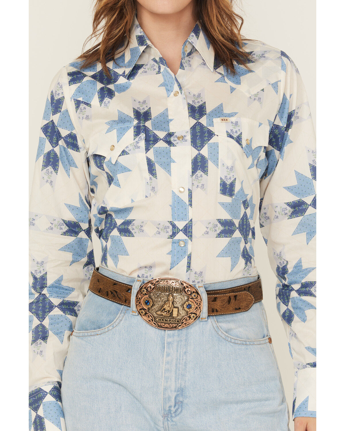 Image #4 - Cowboygirl by Jenna Paulette Women's Patchwork Print Long Sleeve Pearl Snap Western Shirt, Blue, hi-res