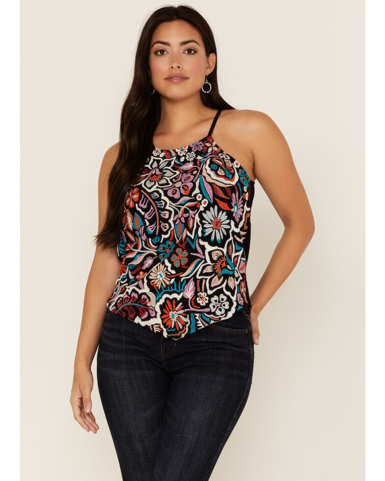 Idyllwind Women's Embroidered Handkerchief Tank , Turquoise, hi-res