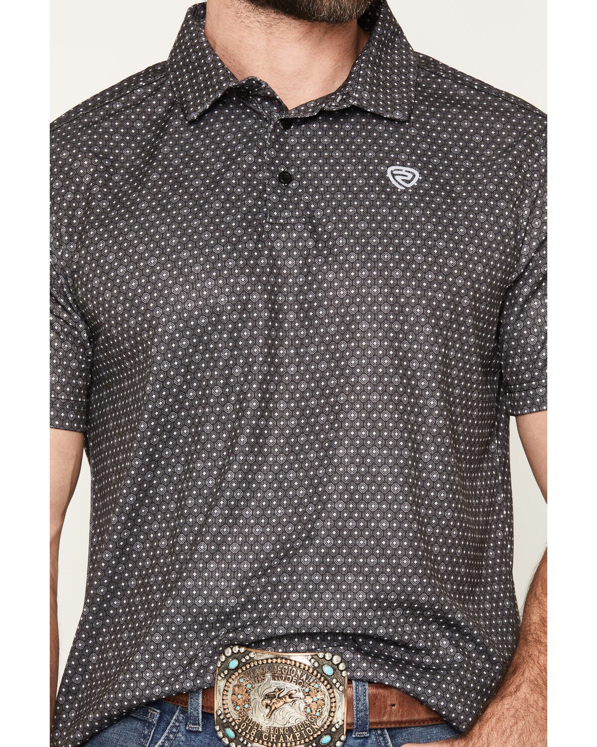 Image #3 - Rock & Roll Denim Men's Geo Print Short Sleeve Button-Down Stretch Polo, Black, hi-res