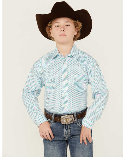 Image #1 - Rock & Roll Denim Boys' Dizzy Geo Print Long Sleeve Pearl Snap Western Shirt , Turquoise, hi-res