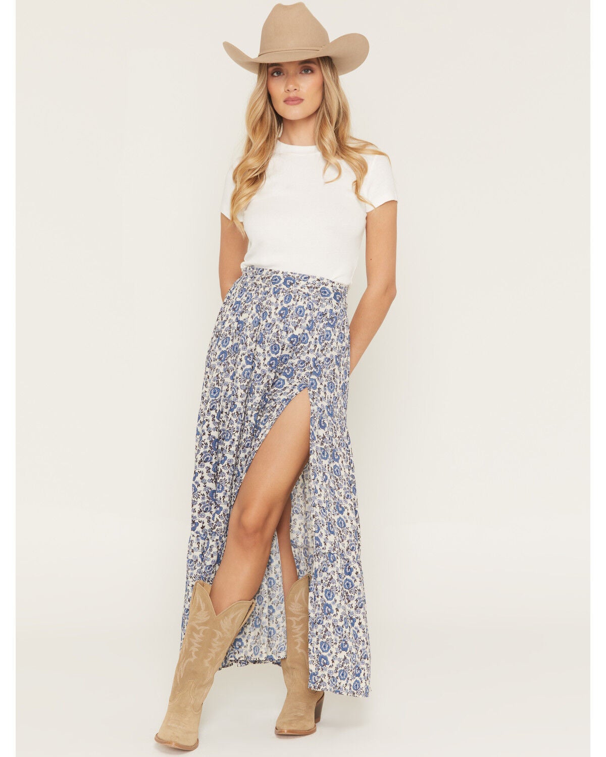 Image #1 - Angie Women's Floral Print Tiered Slit Midi Skirt, Blue, hi-res