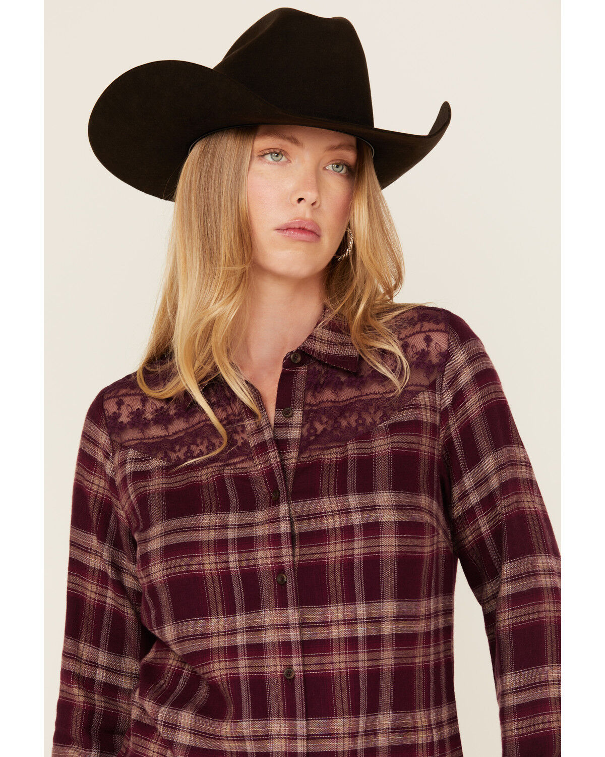 Image #2 - Shyanne Women's Lace Yoke Plaid Print Long Sleeve Button-Down Western Shirt, Fuchsia, hi-res