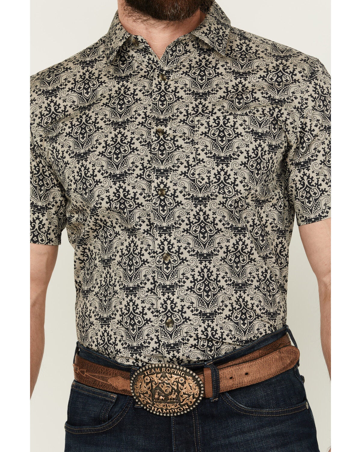 Image #3 - Gibson Men's Queen of Spades Medallion Print Short Sleeve Button-Down Western Shirt, Tan, hi-res