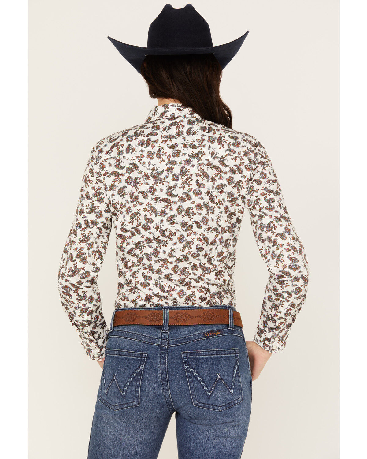 Image #4 - Wrangler Women's Paisley Long Sleeve Western Pearl Snap Shirt, Blue/white, hi-res