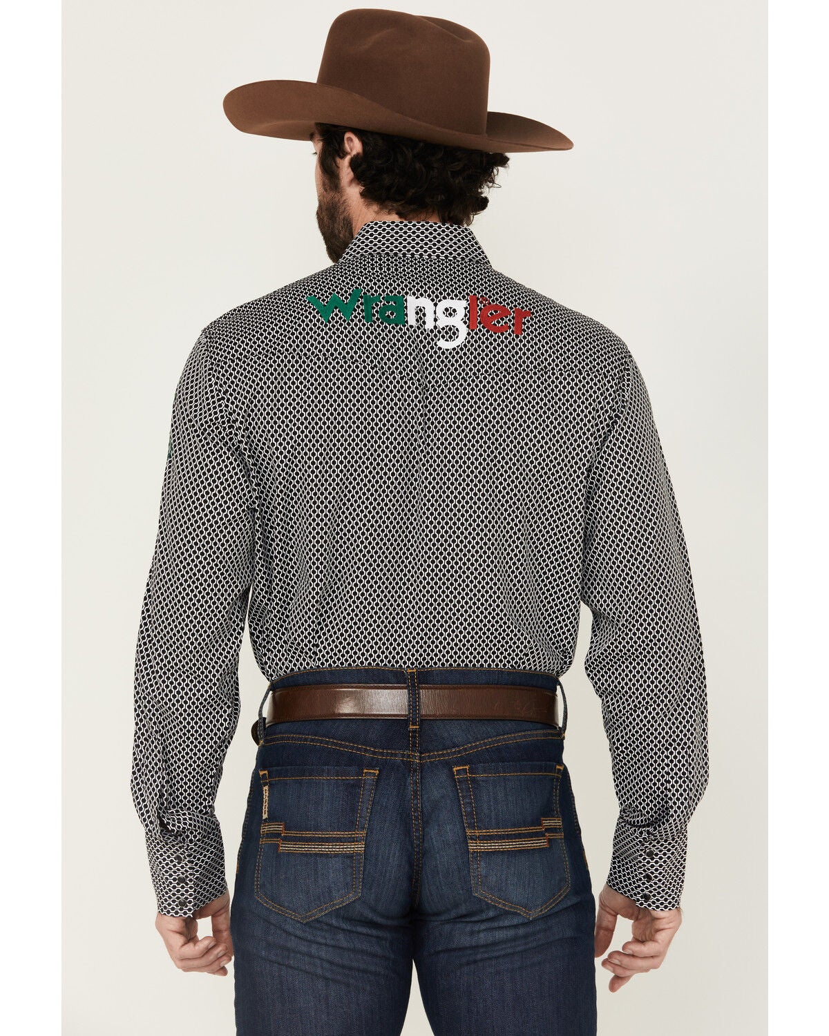 Image #4 - Wrangler Men's Mexico Logo Embroidered Geo Print Long Sleeve Snap Western Shirt, Black, hi-res